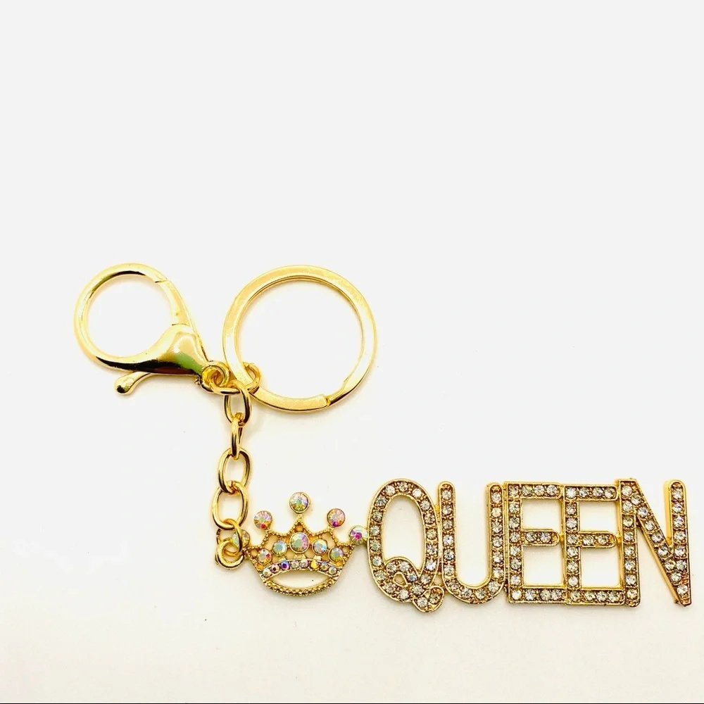 Purse Charm Key Chain Queen Iridescent Crystals set in golden tone. BRAND NEW